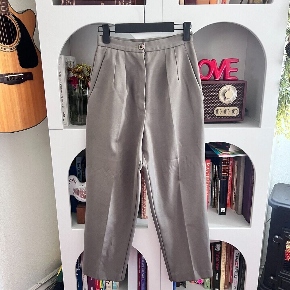 Vintage Handmade Womens Gray High Waist Pleated‎ Trousers Waist 23 Old Money